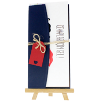 dikd&ouml;rtgen - A&ccedil;ık Davetiye Zarfı - 21x10-Lacivert-  İpli, Kırmızı Etiketli