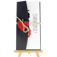 dikd&ouml;rtgen - A&ccedil;ık Davetiye Zarfı - 21x10-Siyah- Kırmızı Kalpli