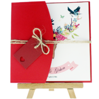 kare - A&ccedil;ık Davetiye Zarfı - Kare-Kırmızı- İpli, Kırmızı Etiketli