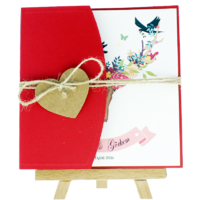 kare - A&ccedil;ık Davetiye Zarfı - Kare-Kırmızı- İpli, Kraft Kalpli