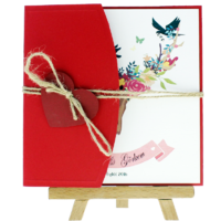 kare - A&ccedil;ık Davetiye Zarfı - Kare-Kırmızı - Kırmızı Kalpli