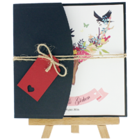 kare - A&ccedil;ık Davetiye Zarfı - Kare-Lacivert-  İpli, Kırmızı Etiketli