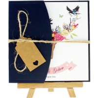 kare - A&ccedil;ık Davetiye Zarfı - Kare-Lacivert-  İpli, Kraft Etiketli