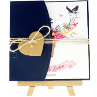 kare - A&ccedil;ık Davetiye Zarfı - Kare-Lacivert-  İpli, Kraft Kalpli