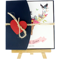 kare - A&ccedil;ık Davetiye Zarfı - Kare-Lacivert- Kırmızı Kalpli