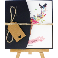 kare - A&ccedil;ık Davetiye Zarfı - Kare-Siyah - İpli, Kraft Etiketli